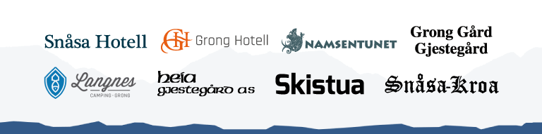 Logoer for Snåsa Hotell, Grong Hotell, Namsentunet, Grong Gård Gjestegård, Langnes Camping, Heia Gjestegård, Skistua og Snåsa-Kroa.